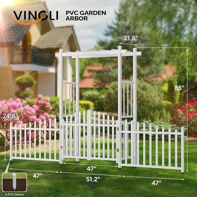 VINGLI Garden Arbor with Gate and Fence, PVC Wedding Arch - Image 4