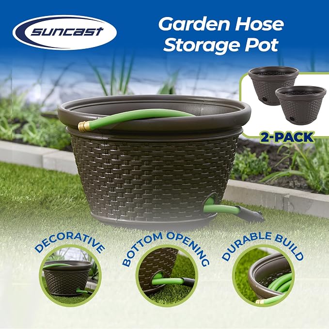 Suncast 2 Pack Decorative Wicker Garden Hose Holder Pot - Image 2