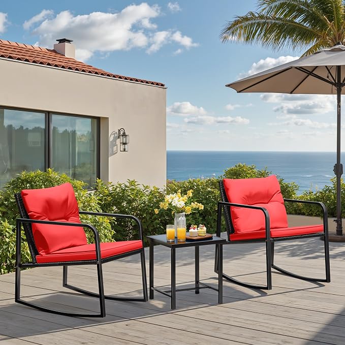 Greesum 3 Pieces Rocking Wicker Bistro Set, Patio Outdoor Furniture - Image 2