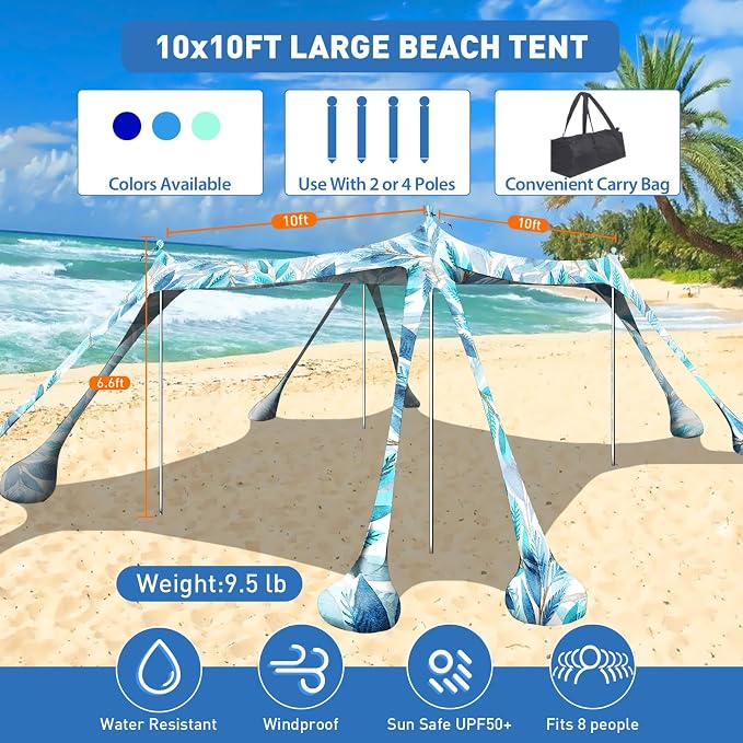 Beach Tent Sun Shelter 10x10ft Beach Canopy Easy Pop Up Sun Shade Portable - Image 2