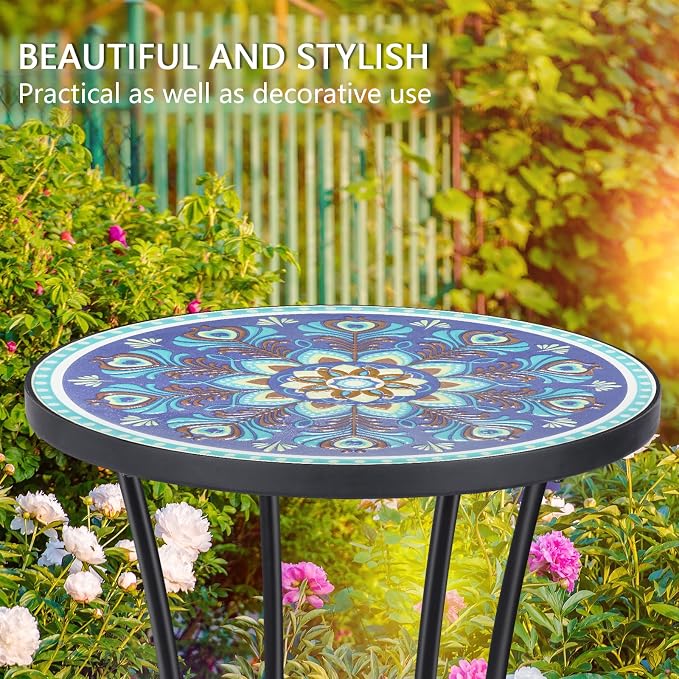 VCUTEKA Outdoor Side Table Mosaic Patio Table Accent Tables Mosaic Tile Top - Image 6