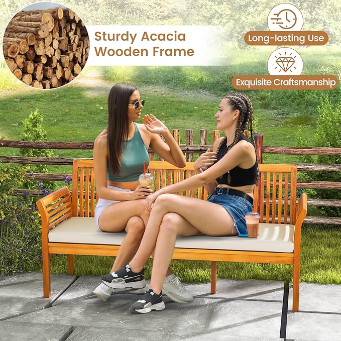 HAPPYGRILL 3-Person Outdoor Bench Acacia Wood Porch Bench, Garden Bench - Image 7