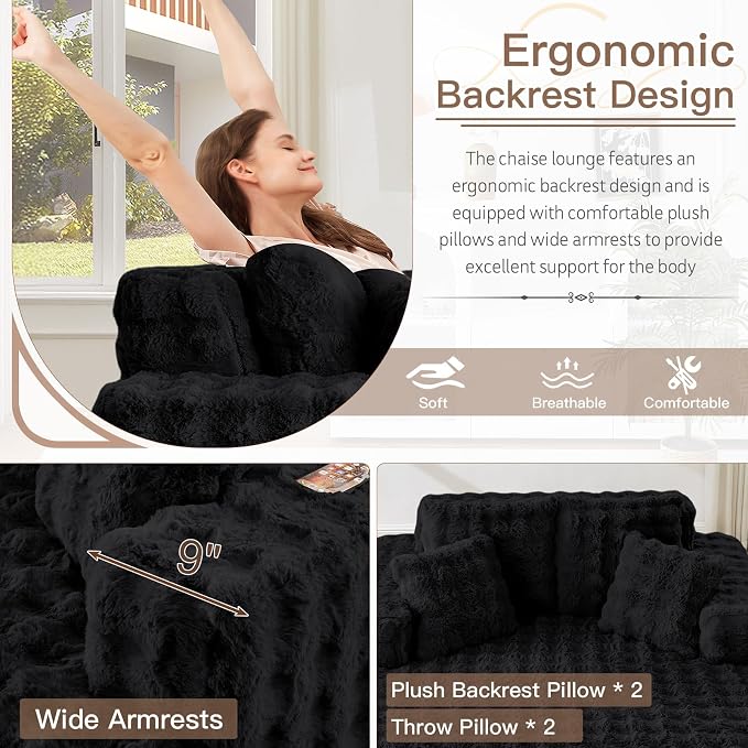 56" W Oversized Chaise Lounge Chair Indoor, Plush Faux Fur Sleeper Couch Sofa - Image 4