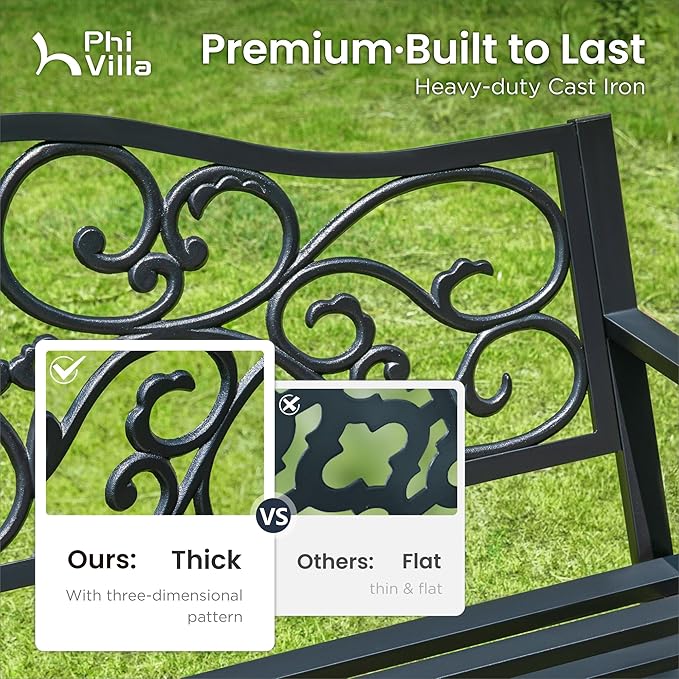 PHI VILLA 50-Inch Cast Iron Steel Frame Garden Bench Outdoor Patio Bench Chair - Image 4