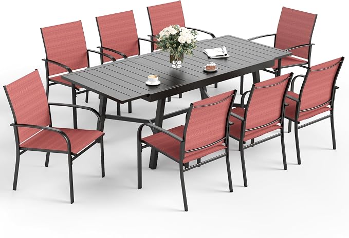 9 Piece Patio Dining Set for 8, Rectangular Extendable Dining Table, 8 Metal by SUNSHINEVALLEY