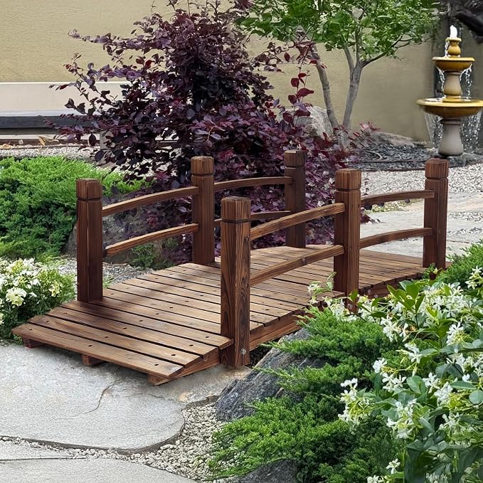 HOMEDIARY 5 FT Fir Wood Garden Bridge, Outdoor Stained Wood Arc Footbridge by HOMEDIARY