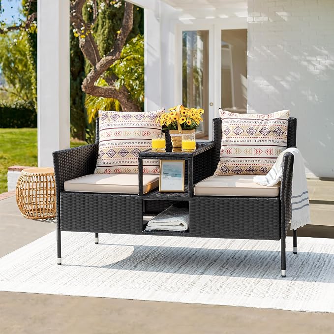 Devoko Outdoor Patio Loveseat Modern Rattan 2-Seat Patio Conversation Set - Image 2