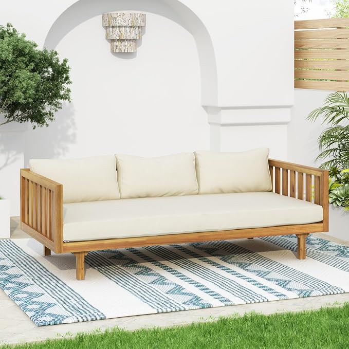 Merax Outdoor Solid Acacia Wood Daybed, 3 Seater Day Bed Couch Sofa by Merax