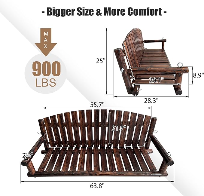 5FT Rustic Log Wooden Porch Swing, Heavy-Duty 900 LBS, Outdoor Hanging Bench - Image 3