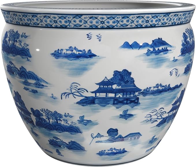 Red Lantern 18" Porcelain Fishbowl Blue & White Landscape Planter - Image 6