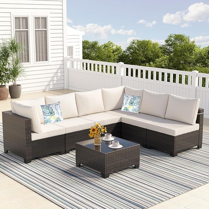 7 Pieces Outdoor Conversation Sectional Rattan Sofa, Patio Furniture Set by Ophelian