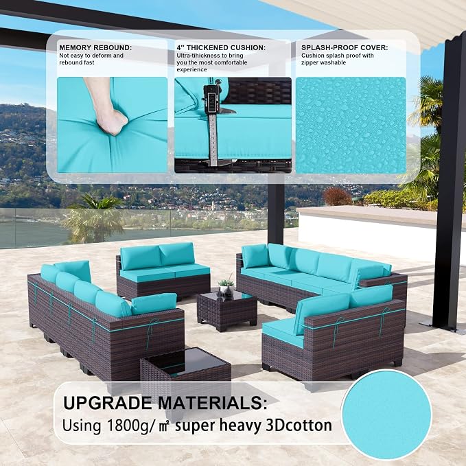 Kullavik 14 Pieces Outdoor Patio Furniture Set, Sectional Rattan Sofa Set Brown - Image 2