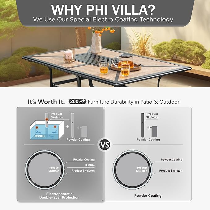 PHI VILLA Outdoor Dining Table for 6, Rectangular Metal Wrought Iron Table - Image 7