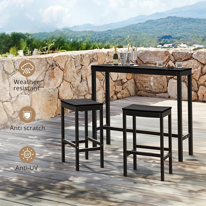 Outdoor Bar Height Table and Chairs Set, 3 Piece Black Top and Bronze Leg Patio - Image 8