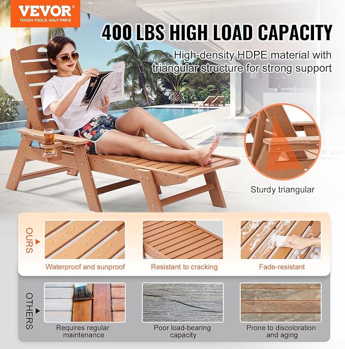 VEVOR Chaise Lounge Chair, 400 lbs Weight Capacity, 6 Positions Adjustable - Image 4