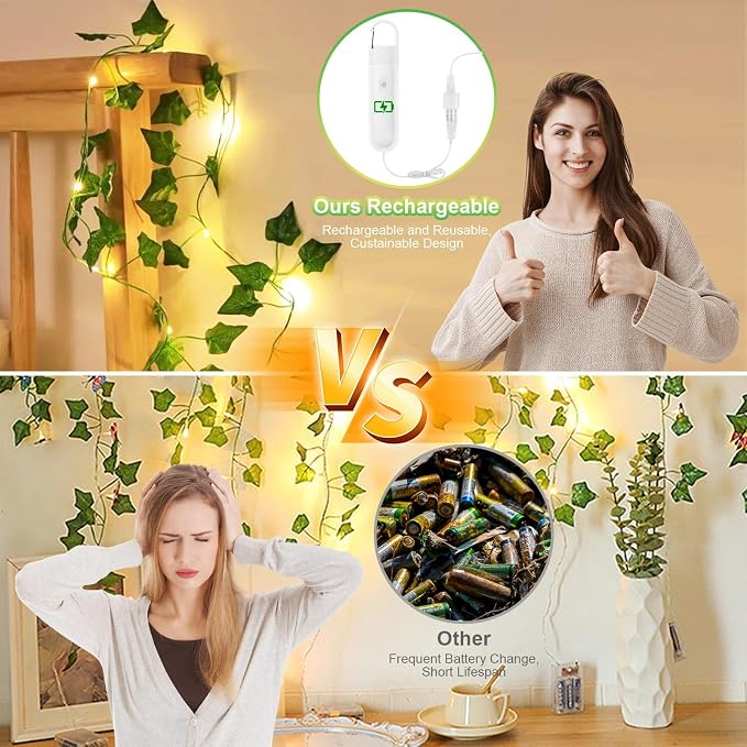 Vine with Fairy Lights Rechargeable, 6.56ft Ivy Leaf with 20 LED, 8 Mode and - Image 5