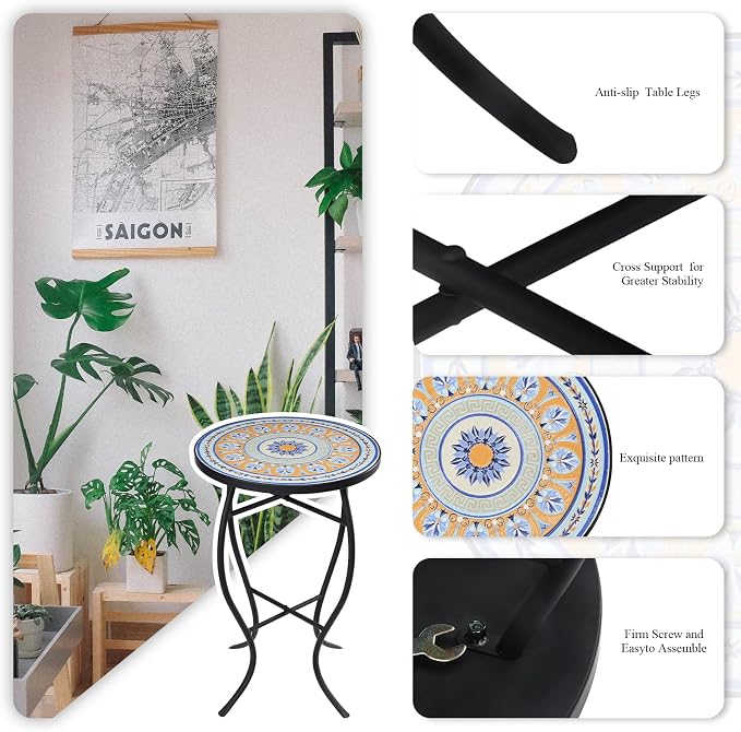 VCUTEKA Mosaic Side Table, Patio Accent Table Indoor and Outdoor End Table - Image 4