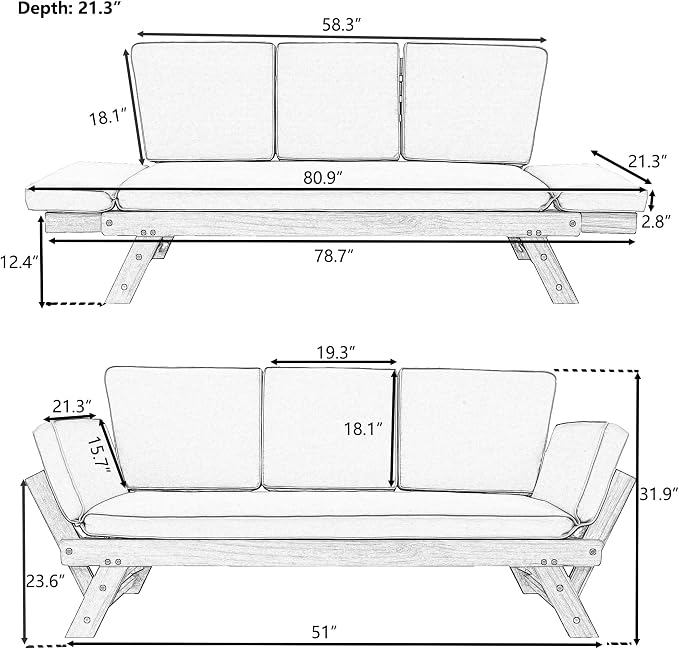 Merax Patio Sofa, Outdoor Adjustable Wooden Daybed, Chaise Lounge - Image 2