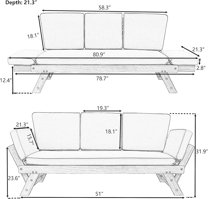 Merax Patio Sofa, Outdoor Adjustable Wooden Daybed, Chaise Lounge - Image 2