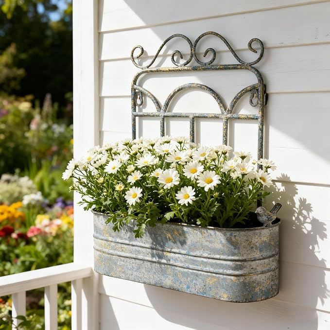 Rustic Metal Wall Planter Vintage Wall Mounted Flower Pot Distressed Wall - Image 7