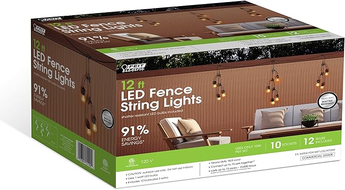 Feit Electric 12ft LED Outdoor Fence String Lights, 10 Sockets, E26 Base - Image 5