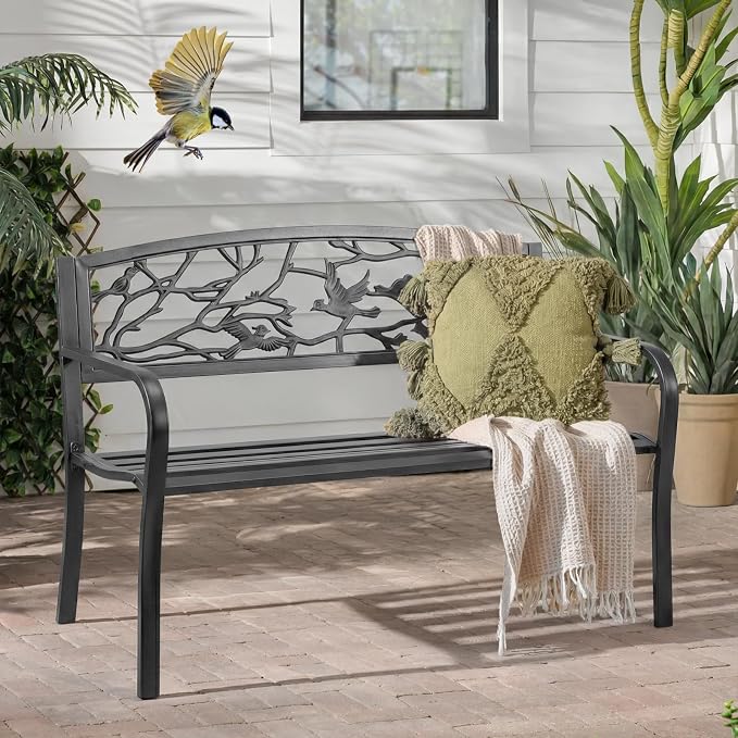 VINGLI Outdoor Bench for Patio Metal Garden Bench w/PVC Back Pattern - Image 8