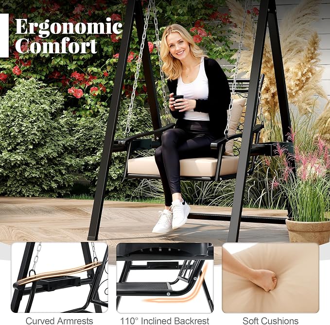 Tangkula Porch Swing with Stand, Outdoor Patio Swing with Heavy-Duty Metal Frame - Image 4