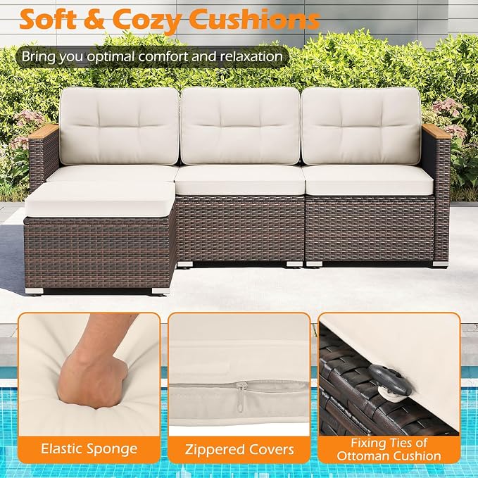 Tangkula 5 Pieces Outdoor Patio Furniture Set, L Shaped Rattan Cushioned Chairs - Image 7