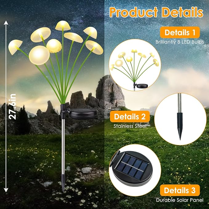 2PK 16LED Solar Garden Lights Outdoor, Mushroom Solar Lights Outdoor, IP65 - Image 3