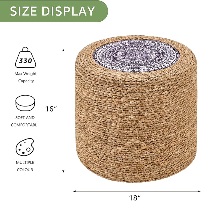 Wimarsbon Round Pouf Ottomans, Handwoven Natural Water Hyacinth Seagrass Pouffe - Image 3