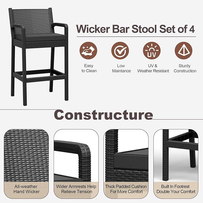 Outdoor Bar Stools Set of 4, Wicker Bar Chair - Image 4