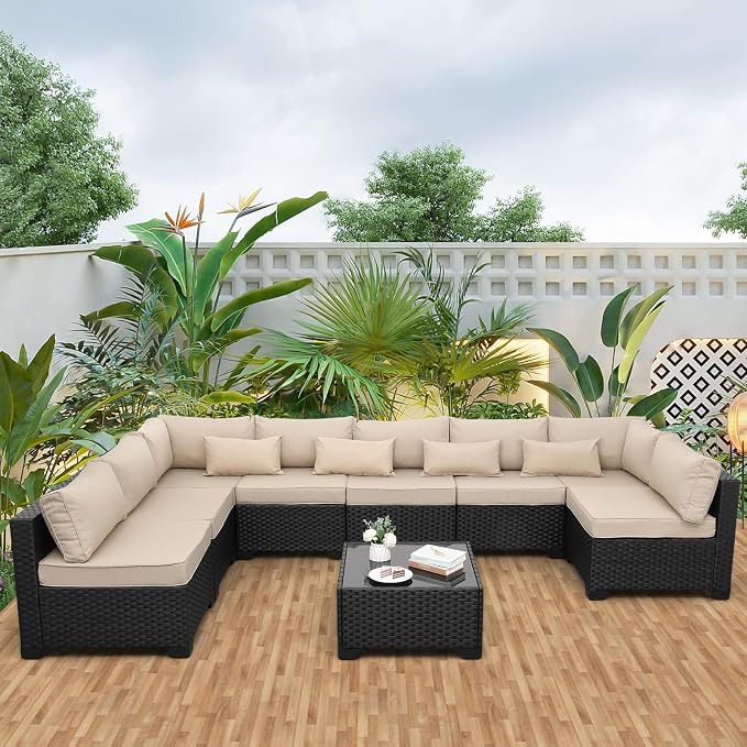 9 Pieces Outdoor Sectional All-Weather Wicker Patio Furniture Set Patio by Rattaner