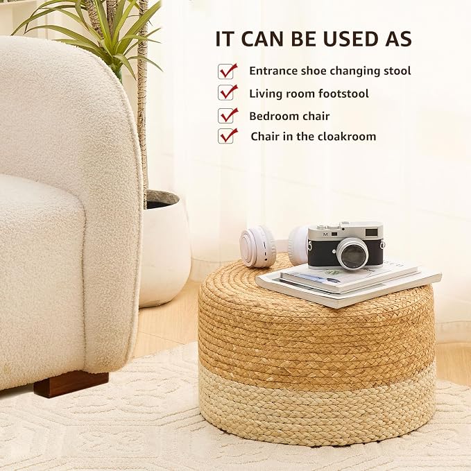 Wimarsbon Round Pouf Ottoman, Natural Hand Knitted Footrest Poof, Rustic Lounge - Image 5