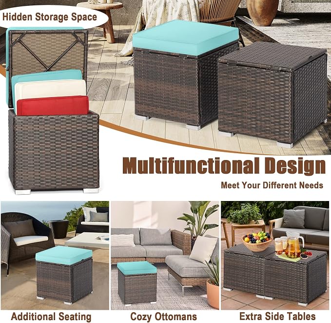 DORTALA Outdoor Storage Ottoman Wicker 2 Piece, Patio Ottomans PE Rattan Foot - Image 7