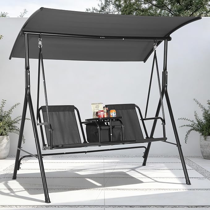 Porch Swing with Cup Holders & Pivot Storage Table & Cooler Bag with Adjustable by Garvee