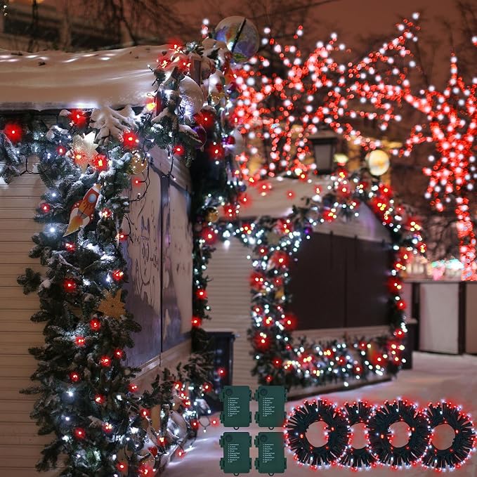 4 Pack Red White Christmas Lights Battery Operated 16.4Ft 50 LED Wreath String - Image 4