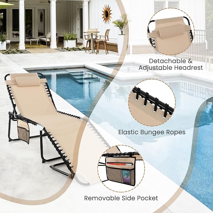 GYMAX Lounge Chairs for Outside, Extra High Folding Beach Tanning Lounger - Image 6