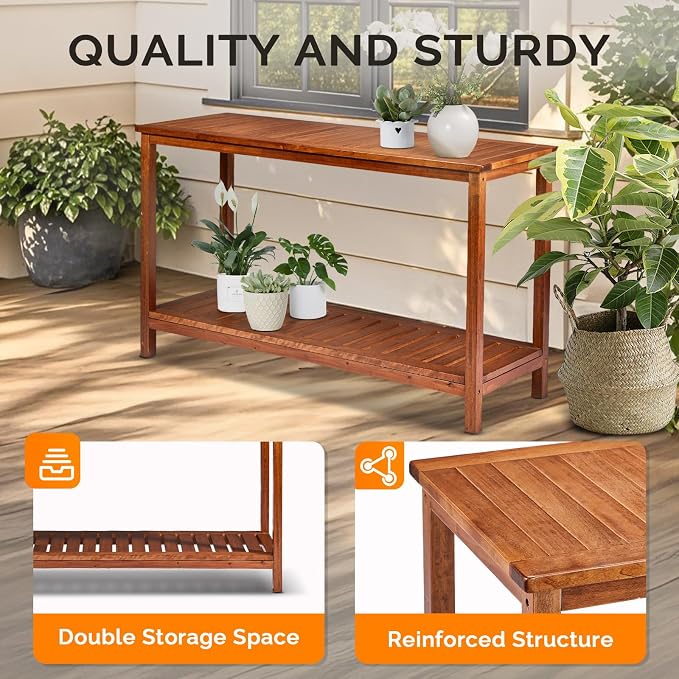 VINGLI 49in Solid Wood Outdoor Console Table, 2-Shelf Wooden Outdoor Accent - Image 6