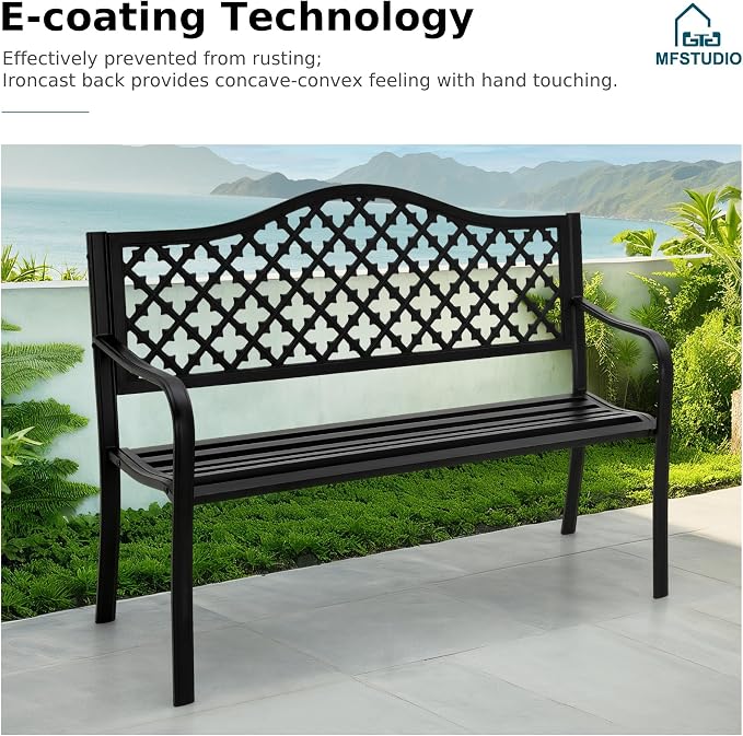 MFSTUDIO Outdoor Metal Bench Set of 2, Cast Iron Frame Patio Furniture - Image 4