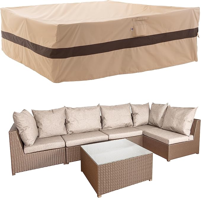 WJ-X3 Large Beige & Coffee Heavy-Duty Patio Table Cover, Waterproof, - Image 8