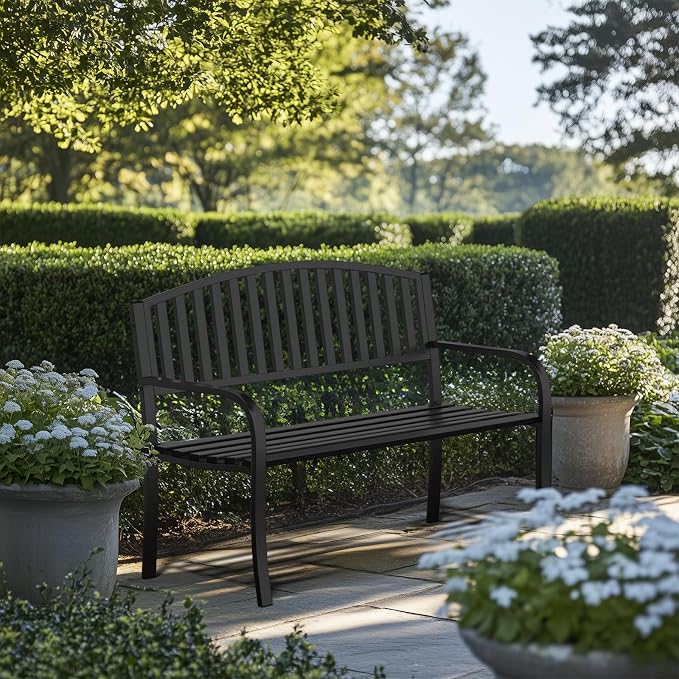 50" Outdoor Bench, Heavy-Duty Metal Frame Graden Bench, Weatherproof Patio Park - Image 2