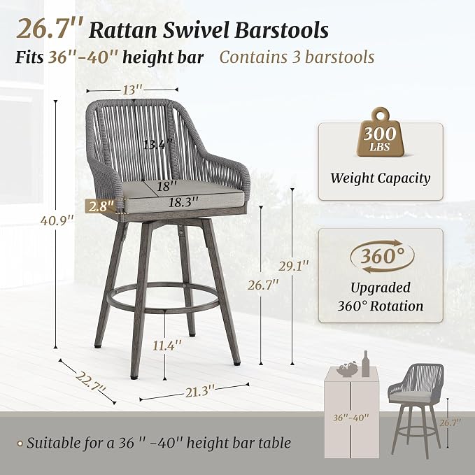 Outdoor Bar Stools Set of 3, 360° Swivel Aluminum Rattan Bar Stool - Image 2