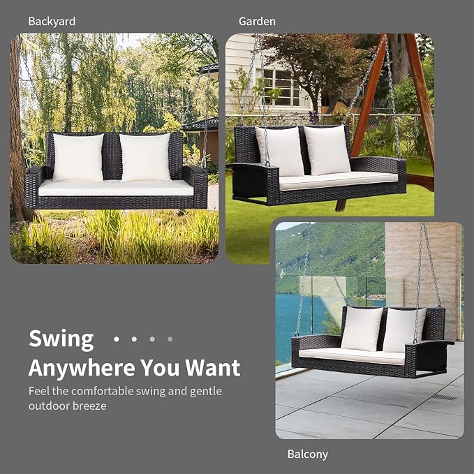 RELAX4LIFE 2-Seat Rattan Porch Swing, Wicker Outdoor Swings w/7.9 Ft Solid - Image 8
