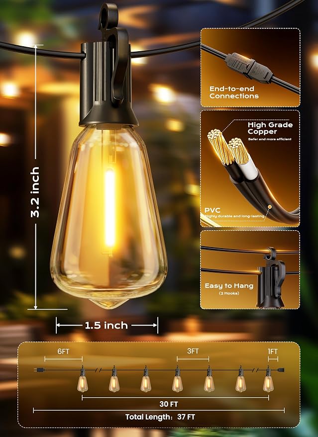 Brightown Outdoor String Lights, 30FT 11+1 LED ST38 LED Patio Lights - Image 7