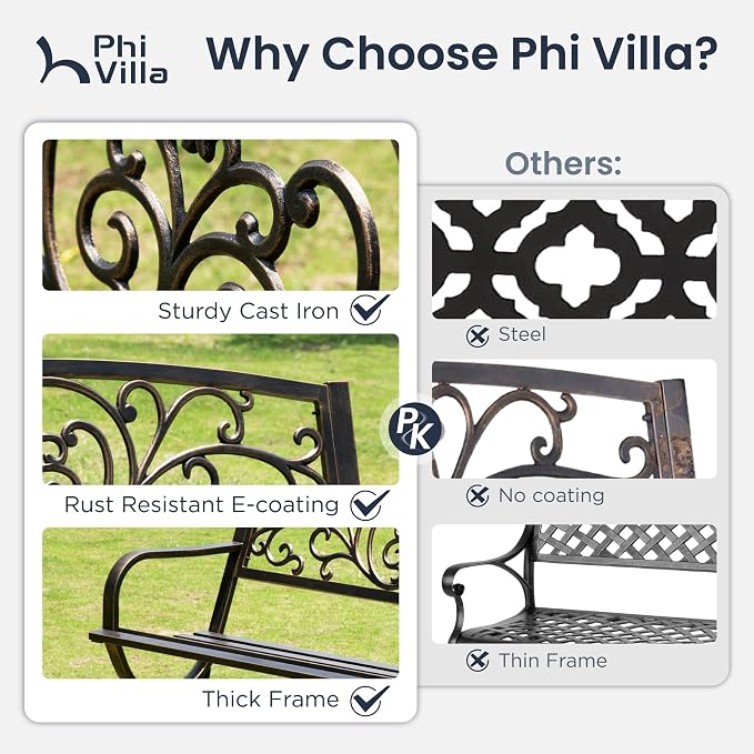 PHI VILLA 50Inch Cast Iron Steel Frame Garden Bench Patio Furniture Chair - Image 6