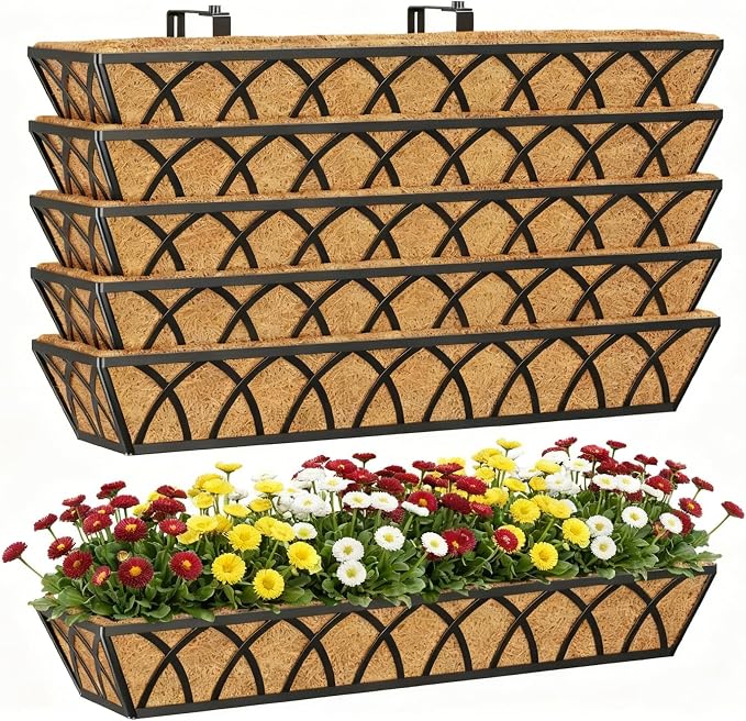 Y&M 30 Inch Window Deck with Coco Liner, Fence Metal Hanging Flower Planter by YM