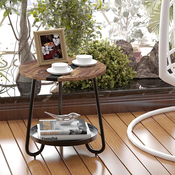 2 Tier Coffee Table in Living Room, Industrial Style Round Coffee Table - Image 4