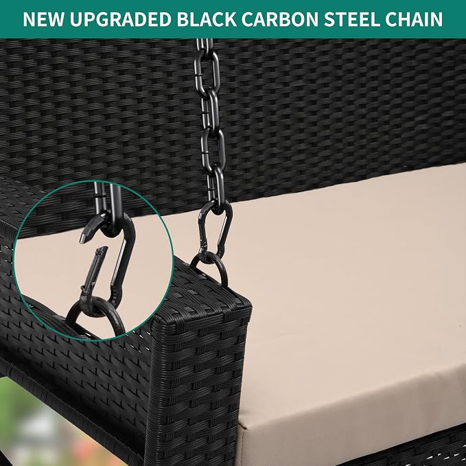 YITAHOME Wicker Hanging Porch Swing Chair 2-Seats Outdoor Black Rattan Patio - Image 3