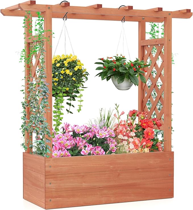 Giantex Raised Garden Bed with 2-Sided Trellis & Hanging Roof, Fir Wood Planter by Giantex