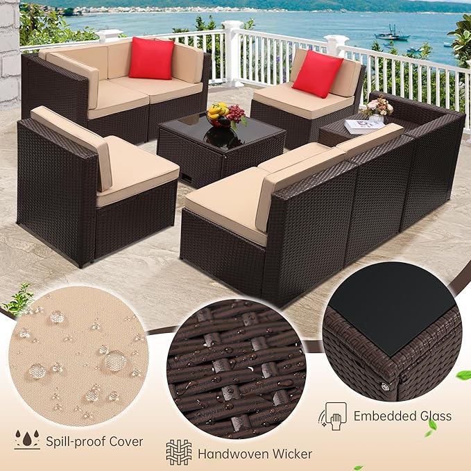 8-Piece Patio Furniture Set, Outdoor Wicker Rattan Sectional - Image 5